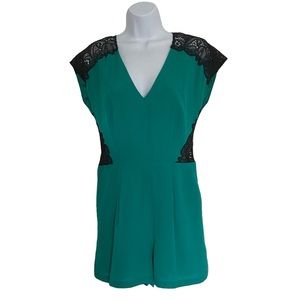 Bebe Green Black Lace Romper SZ: 8 Short Sleeves With Pockets